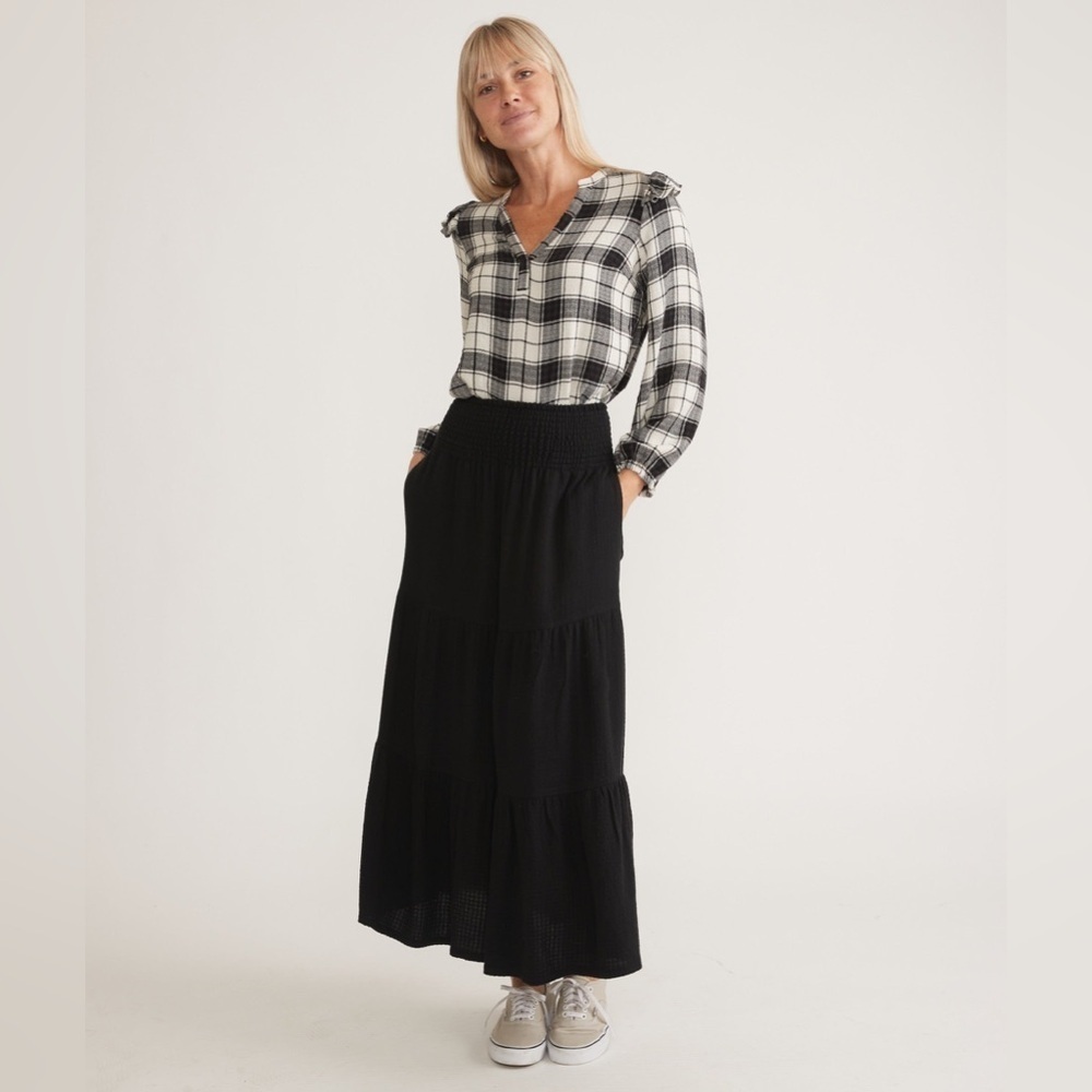Marine Layer Jamie Gingham Ruffle Top XS black & white plaid gingham long sleeve - Picture 2 of 15